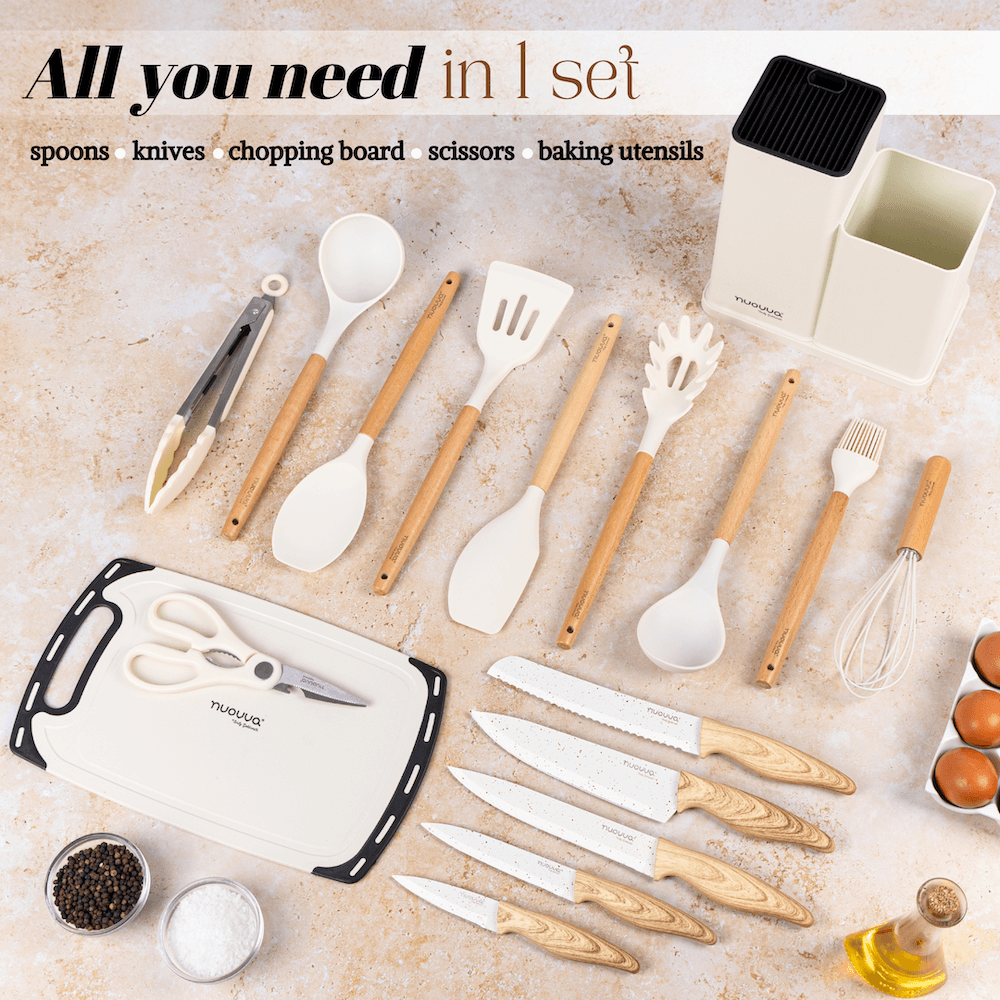 17pcs Kitchen Utensil & Knife Set with Block & Chopping Board (Multiple Colours) - By Nuovva