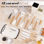 17pcs Cream Kitchen Utensil & Knife Set with Block & Chopping Board, By Nuovva