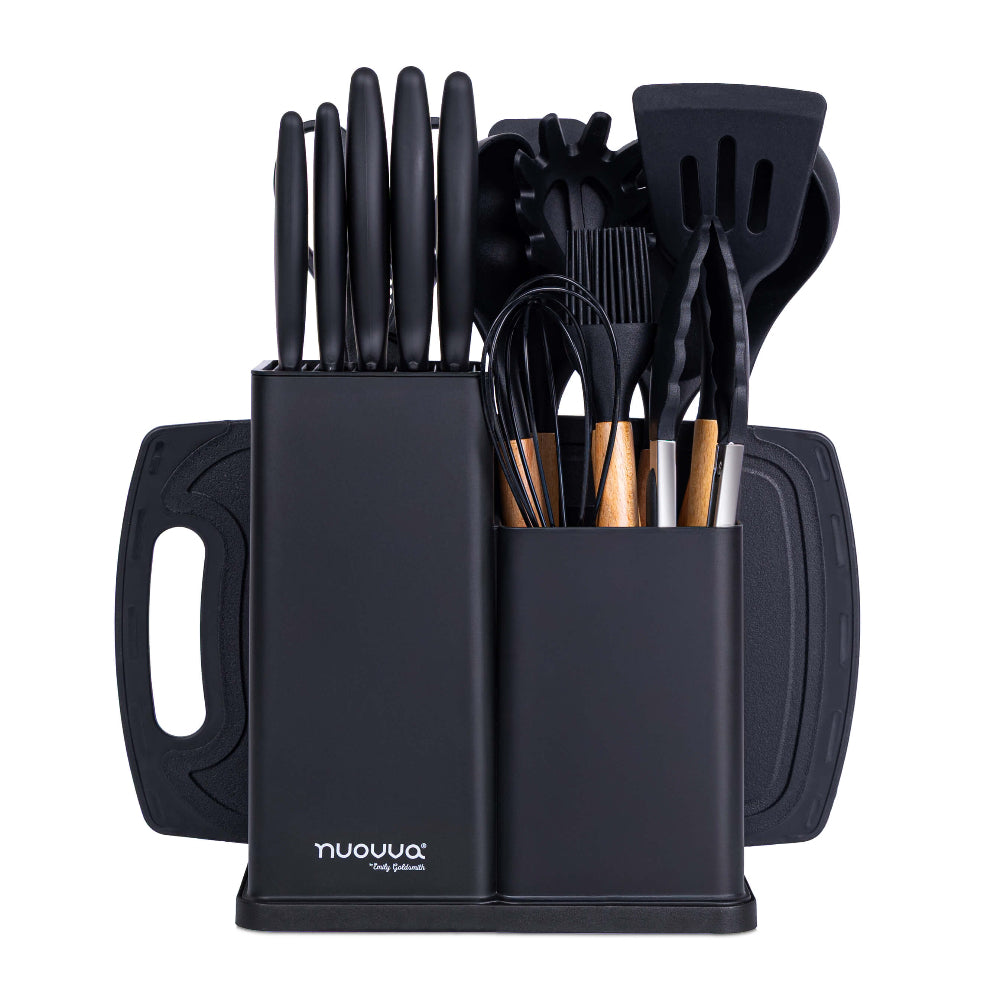 17pcs Black Kitchen Utensil & Knife Set with Block & Chopping Board, By Nuovva