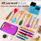 17pcs Colourful Kitchen Utensil & Knife Set with Block & Chopping Board, By Nuovva