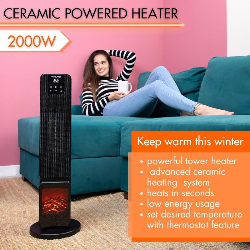 Ceramic Electric Tower Fan Heater with Fireplace Display