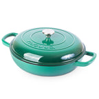 Dark Green Shallow Cast Iron Casserole Dish with Lid - 32cm - 3.5L, by Nuovva
