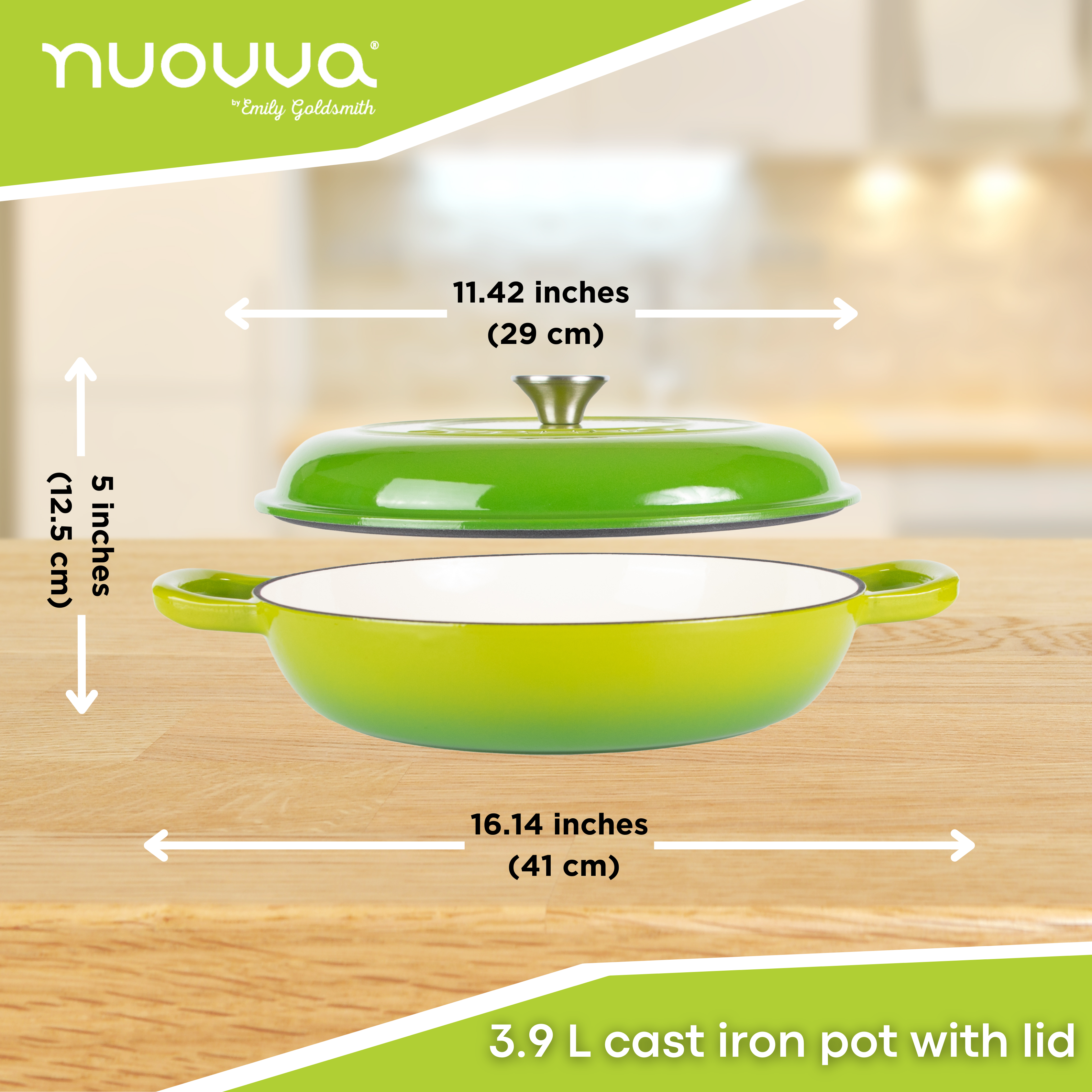 Light Green Shallow Cast Iron Dutch Oven Casserole Pot - 3.9L - 30cm by Nuovva