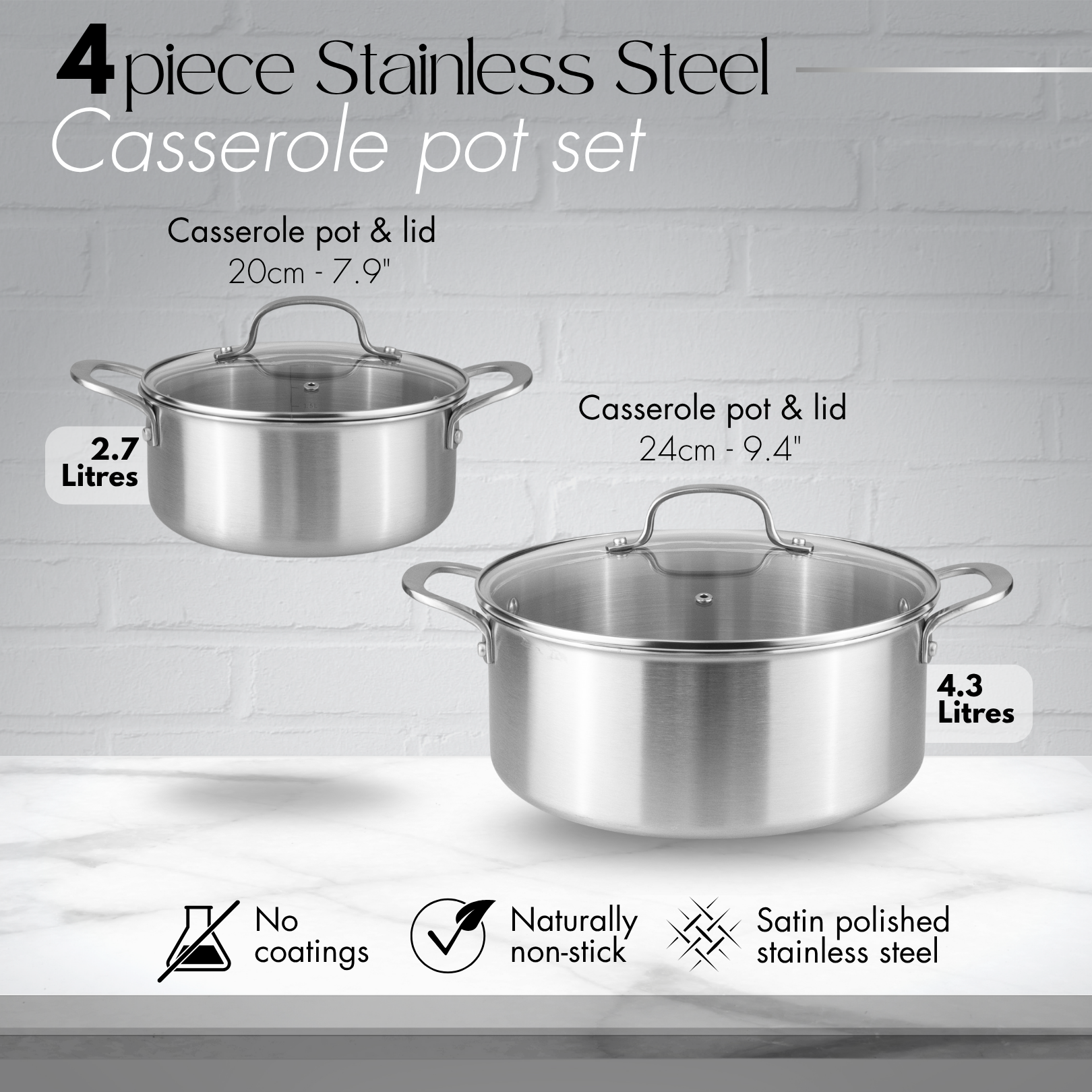 4Pcs Stainless Steel Casserole Set – Induction Pots with Lids (20cm - 2.7L & 24cm - 4.3L ), By Nuovva