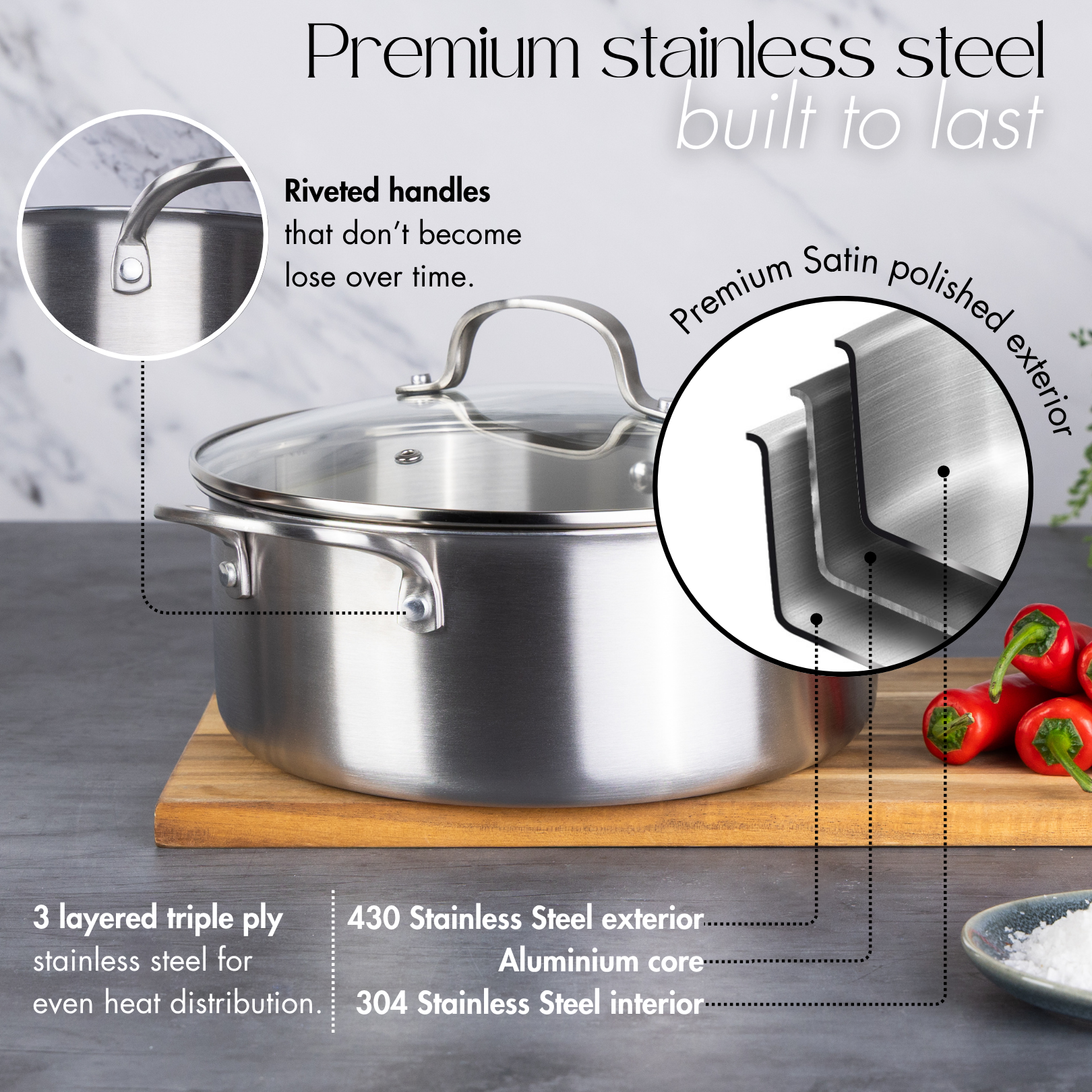 4Pcs Stainless Steel Casserole Set – Induction Pots with Lids (20cm - 2.7L & 24cm - 4.3L ), By Nuovva