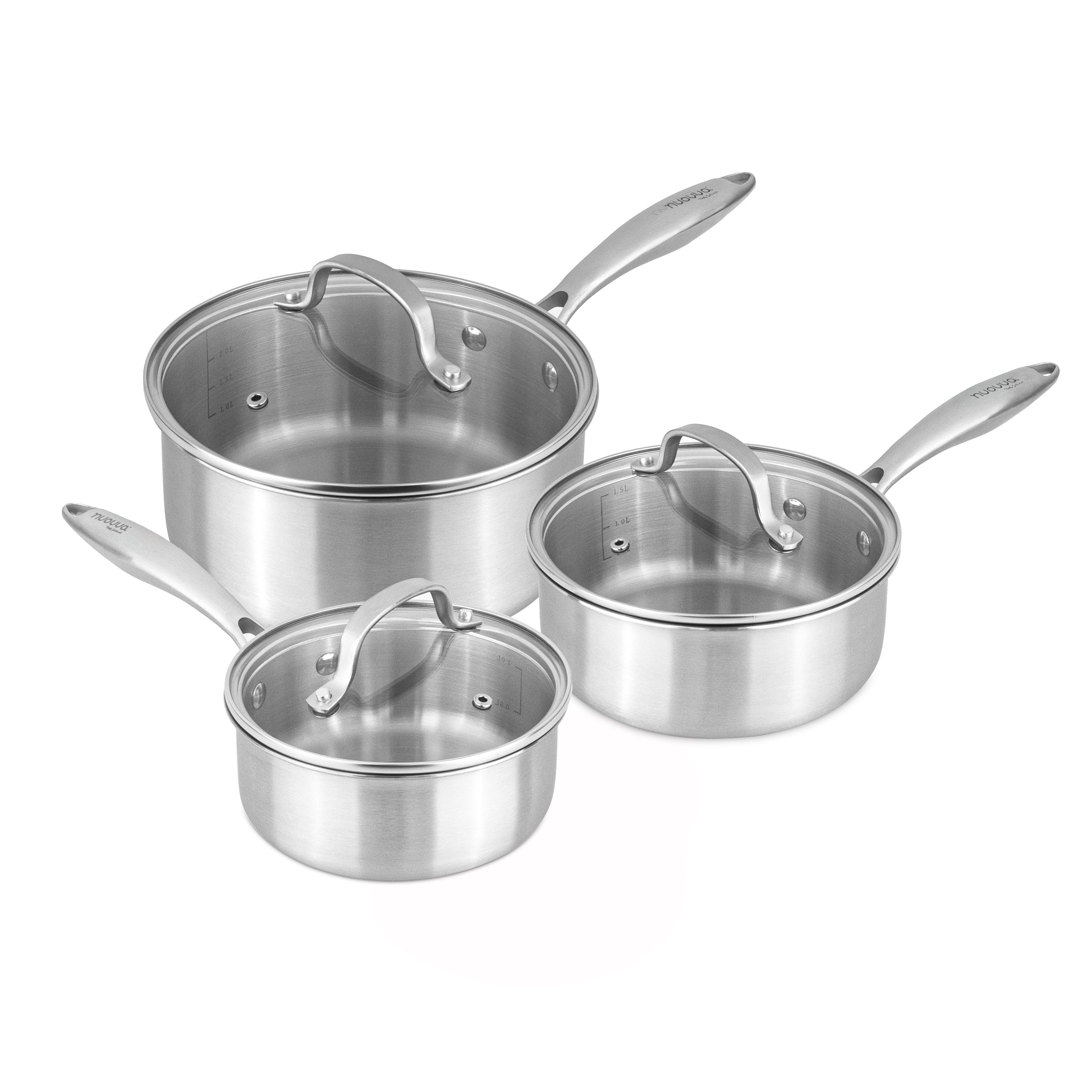6Pcs Stainless Steel Saucepan Set – Induction Ready Pots with Glass Lids – By Nuovva