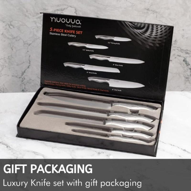Stainless Steel Knife Set with Hardwood Block (Multiple Quantities: 5pcs, 14pcs), by Nuovva