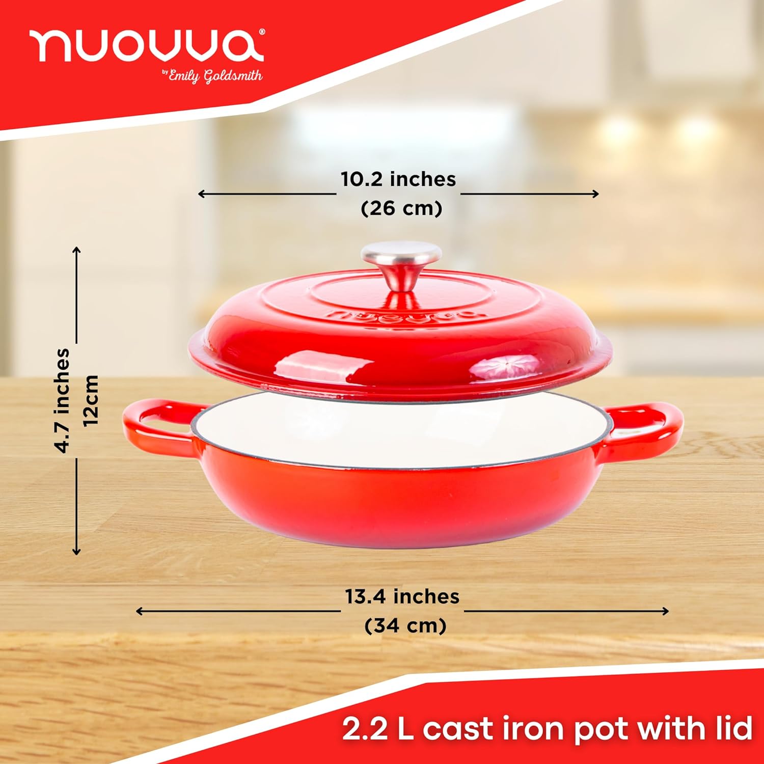Red Shallow Cast Iron Dutch Oven Casserole Pot,  2.2L - 26cm by Nuovva