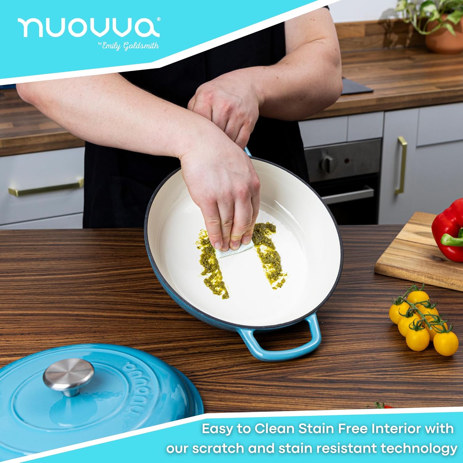 Light Blue Shallow Cast Iron Dutch Oven Casserole Pot - 2.2L - 26cm, by Nuovva