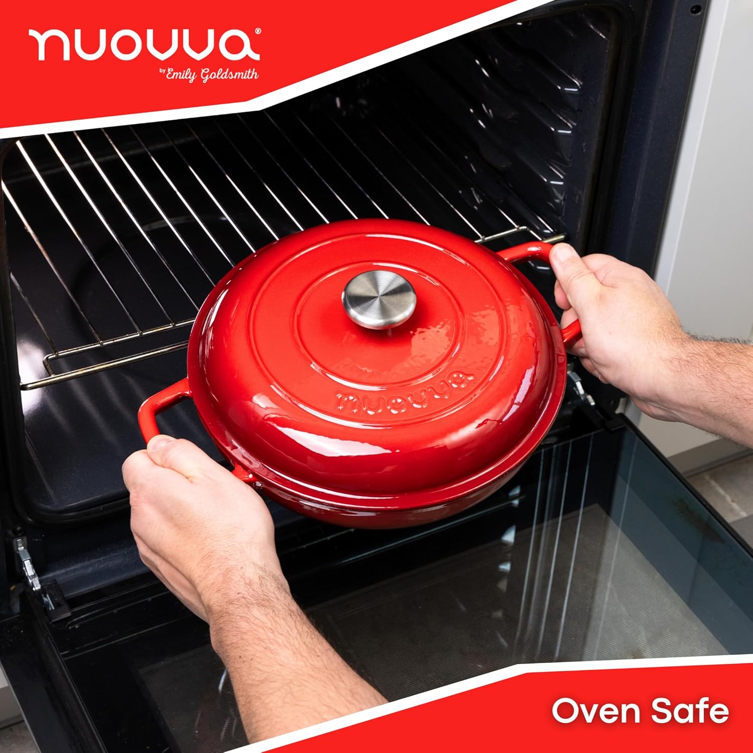 Red Shallow Cast Iron Dutch Oven Casserole Pot,  2.2L - 26cm by Nuovva