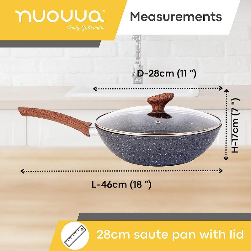Induction Non-Stick Wok Pan – Deep Stir Fry Pan With Lid - 28cm, by Nuovva