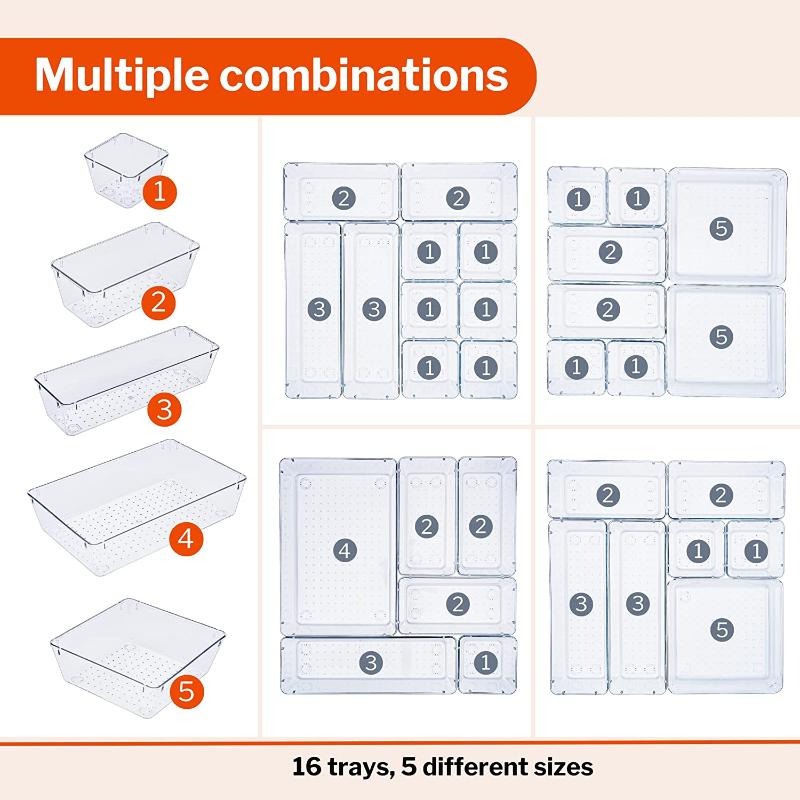 Clear Drawer Organiser Set (Multiple Quantities)  12, 16, 21 & 25 pcs, by Stackzy