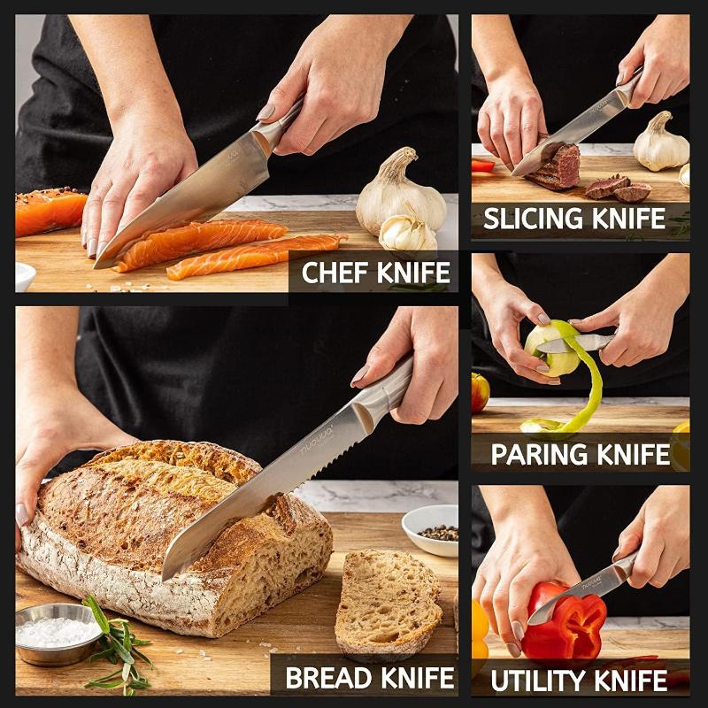 Stainless Steel Knife Set with Hardwood Block (Multiple Quantities: 5pcs, 14pcs), by Nuovva