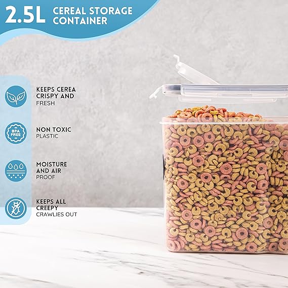 Airtight BPA-Free Cereal Food Storage Containers 2.5L - 4Pcs, by Nuovva