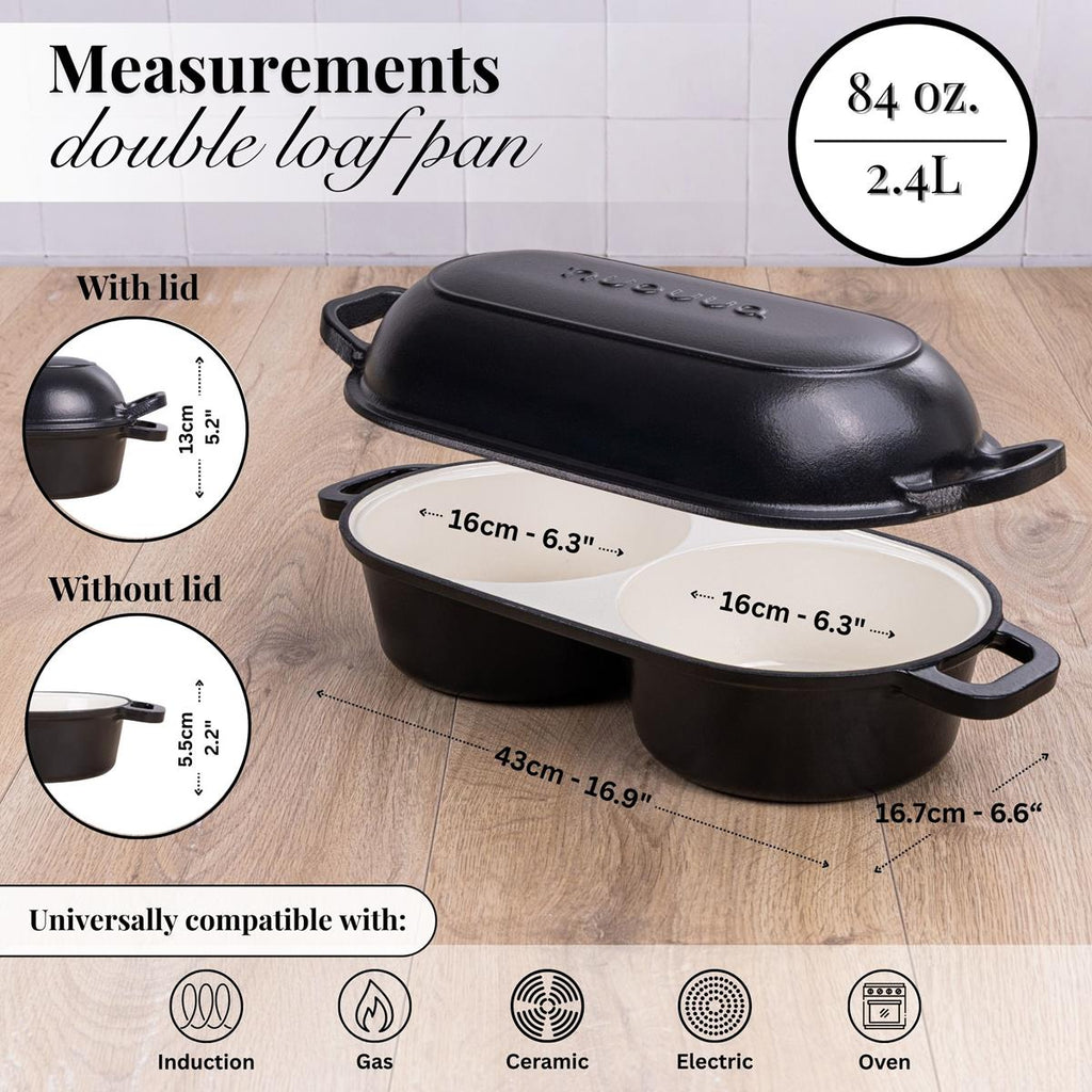 Black Enamelled Cast Iron Dutch Oven, Double Loaf Bread Pan, 16cm, By Nuovva