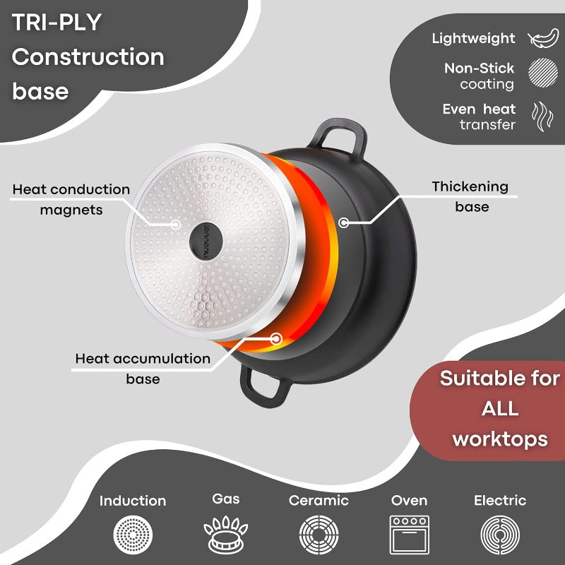 Black Aluminium Shallow Casserole Pan with Lid - 28cm - 3.9L, by Nuovva