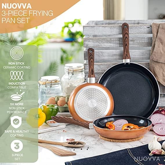 Copper Frying Pan Set for Induction, Gas & Electric Hob (3 Piece) by Nuovva