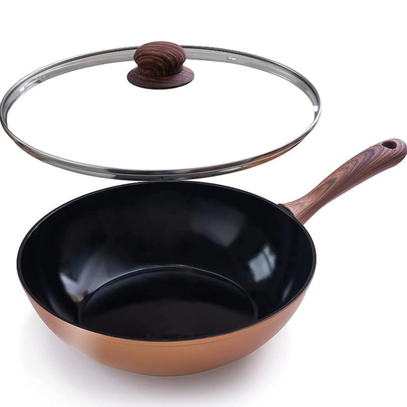 Copper Induction Non-Stick Wok Pan – Deep Stir Fry Pan With Lid - 28cm