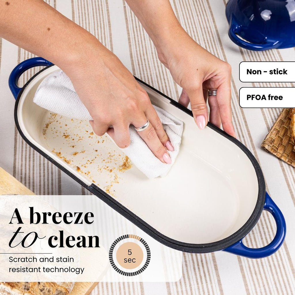 Dark Blue Enamelled Cast Iron Bread Loaf Pot , Non-Stick Dutch Oven - 32x14cm, By Nuovva