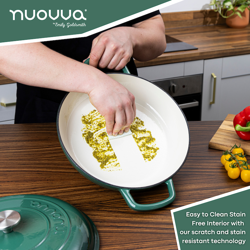Dark Green Shallow Cast Iron Casserole Dish with Lid - 32cm - 3.5L, by Nuovva