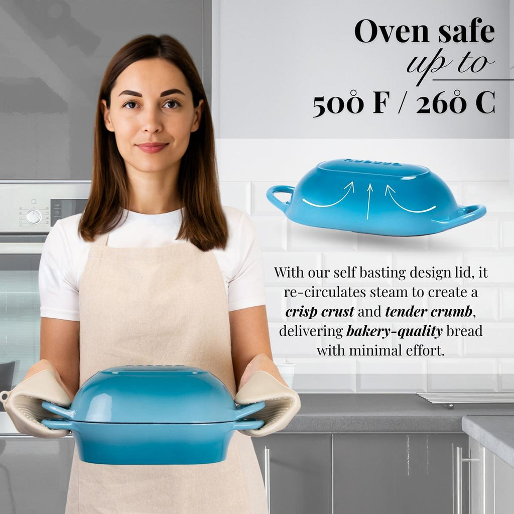 Light Blue Enamelled Cast Iron Bread Loaf Pan, Oven Safe Non-Stick Dutch Oven - 22x14cm, by Nuovva