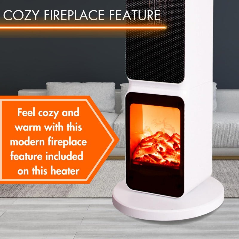 Ceramic Electric Tower Fan Heater with Fireplace Display