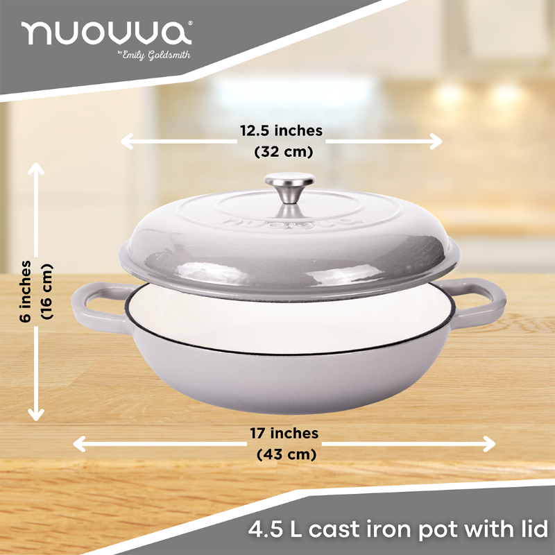 Grey Shallow Cast Iron Casserole Dish with Lid - 32cm - 3.5L, by Nuovva