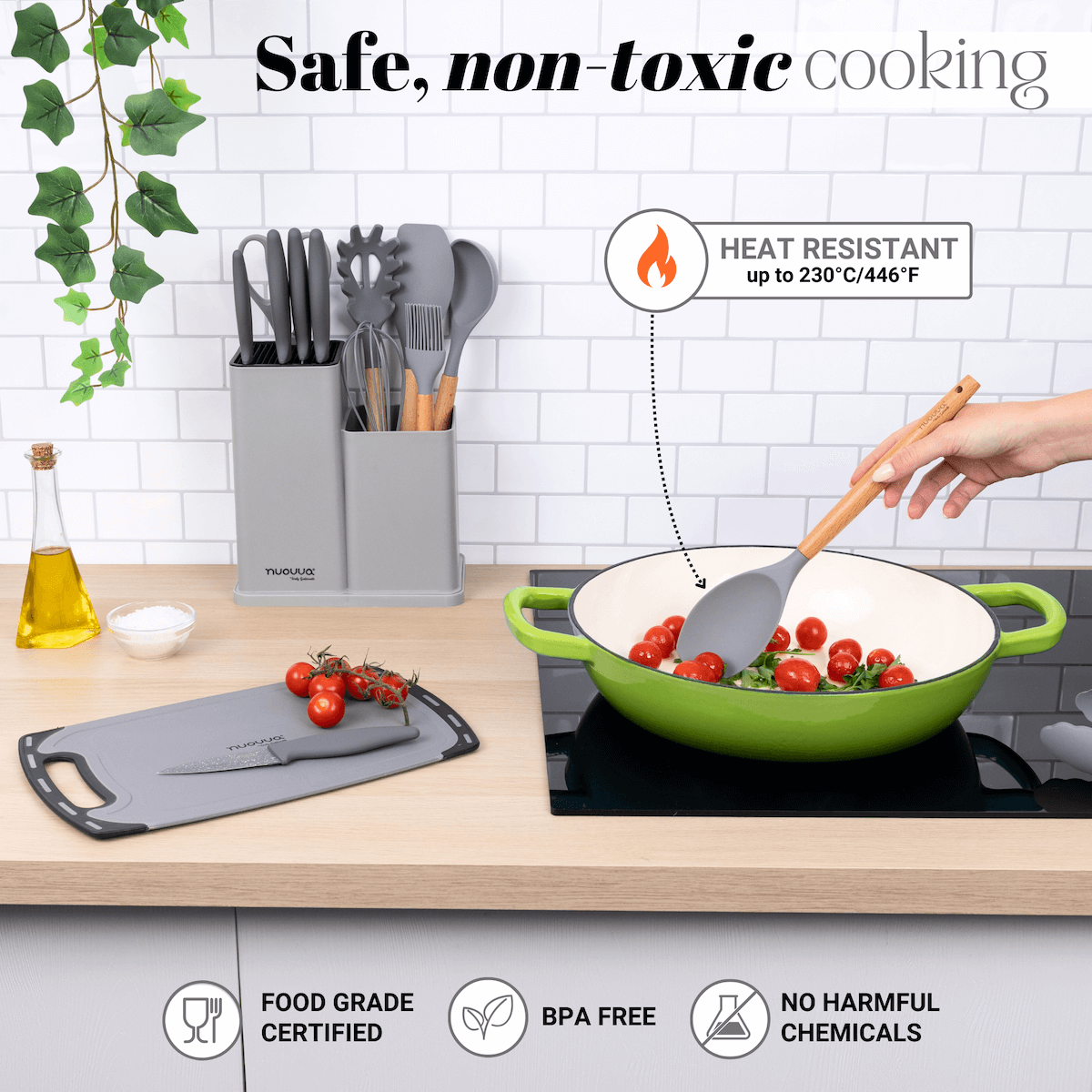 17pcs Grey Kitchen Utensil & Knife Set with Block & Chopping Board, By Nuovva