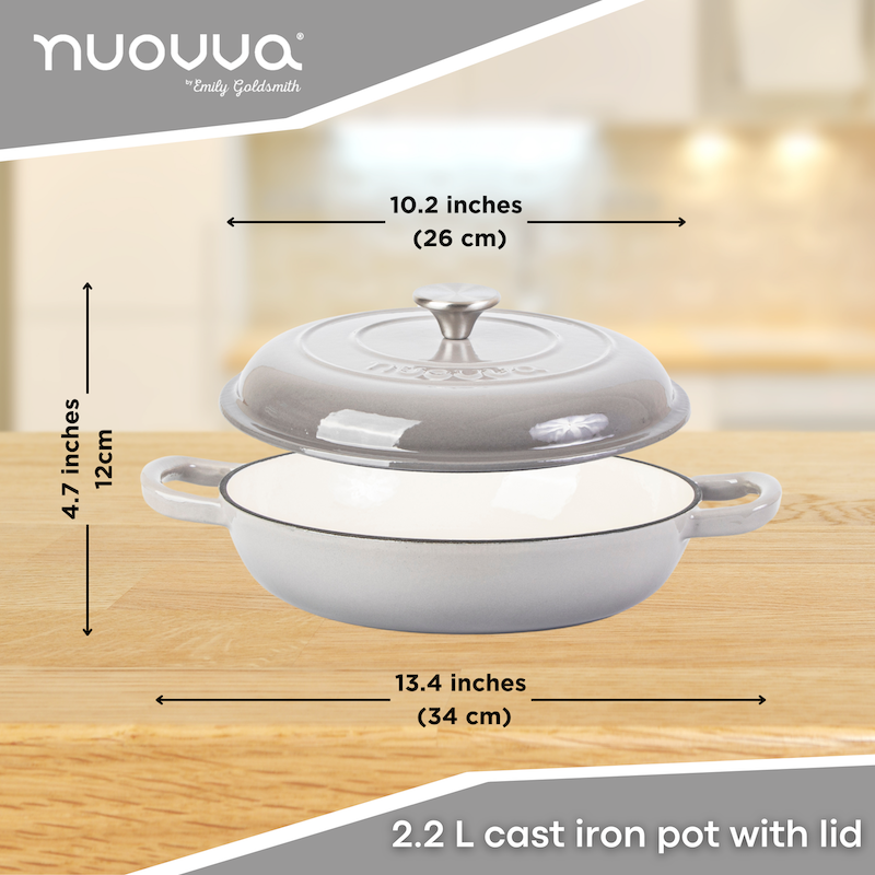 Grey Shallow Cast Iron Dutch Oven Casserole Pot - 2.2L - 26cm, by Nuovva