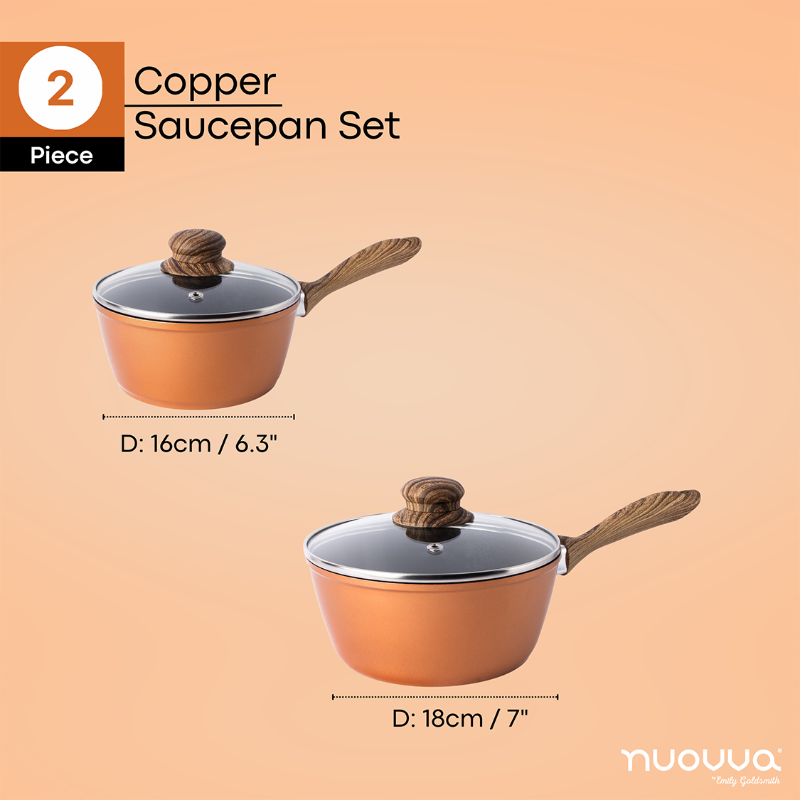 Copper Non-Stick Saucepan with Lid - 2 pieces (16cm, 18cm) by Nuovva