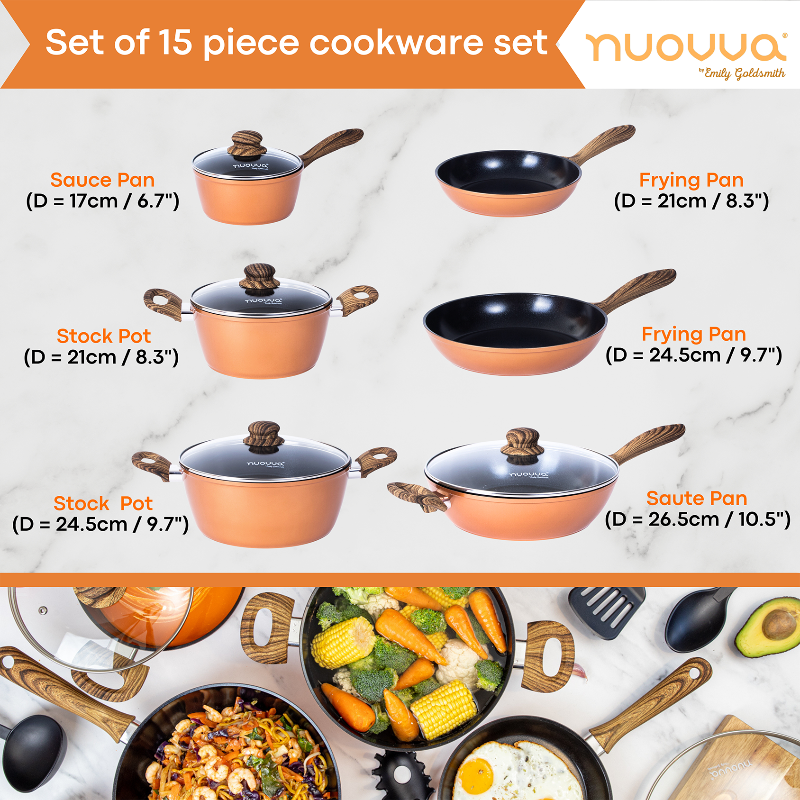 Kitchen Cookware Set of 5, 8, 15 & 35pcs with Lids - Multiple Colours