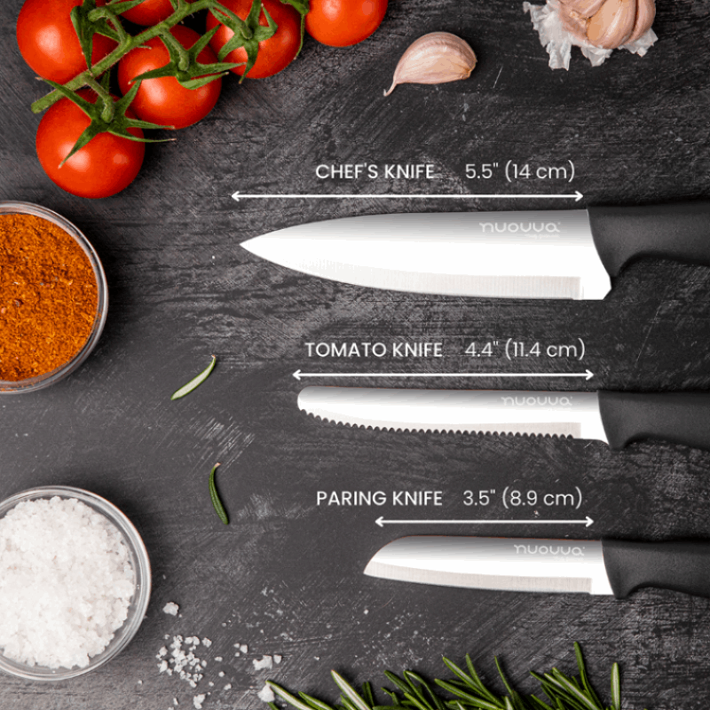 Black Kitchen Knife Set, Stainless Steel Non-Stick Blades - 3 pieces, by Nuovva