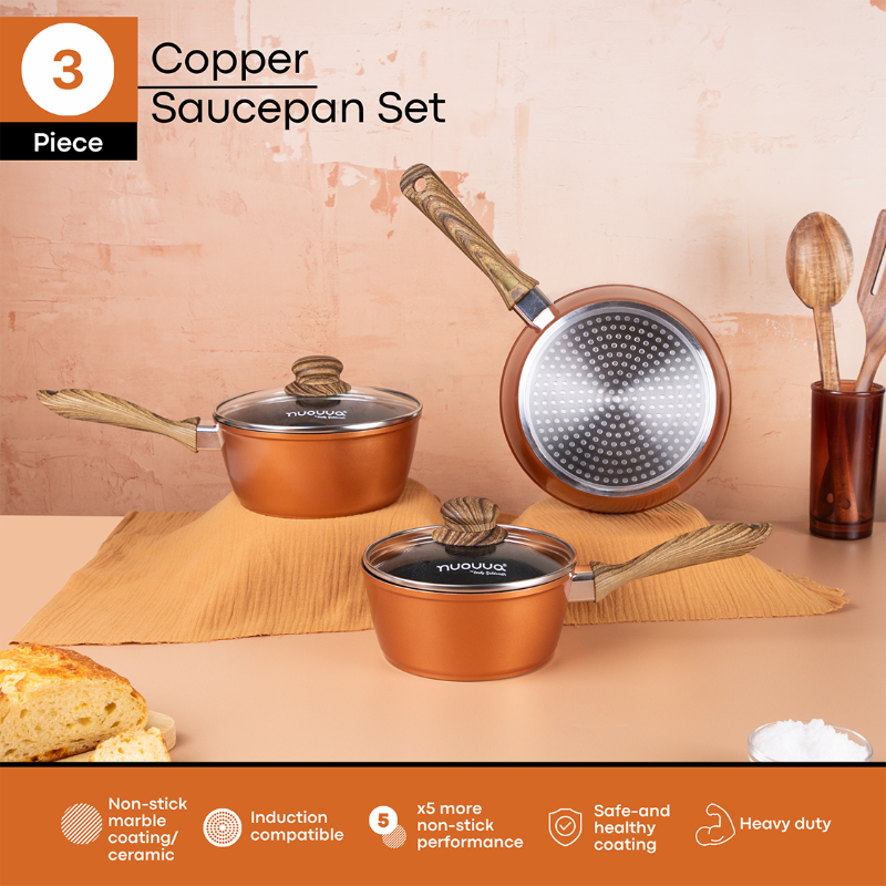 Copper Non-Stick Saucepan with Lid - 3 pieces (16cm, 18cm, 20cm) by Nuovva