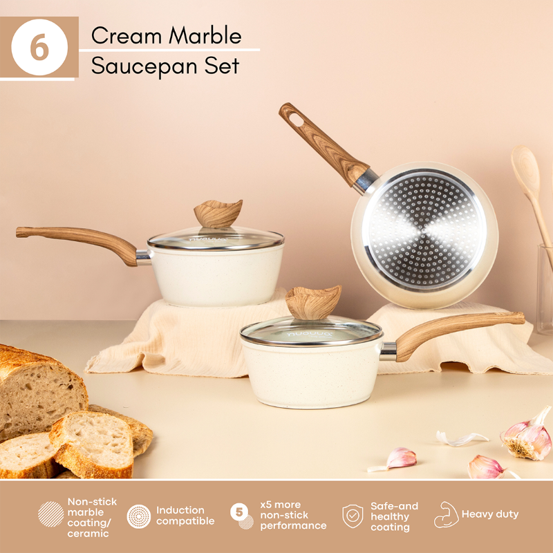 Cream Granite Non-Stick Saucepan with Lid (Multiple Set Sizes), by Nuovva