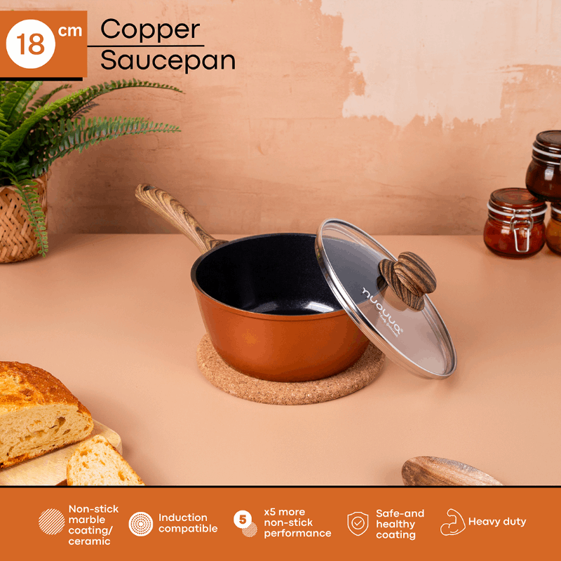 Copper Non-Stick Saucepan with Lid - 18cm, by Nuovva