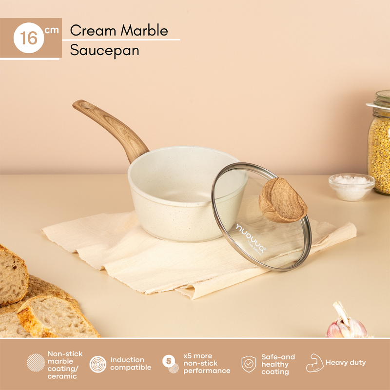 Cream Granite Non-Stick Saucepan with Lid (Multiple Set Sizes), by Nuovva