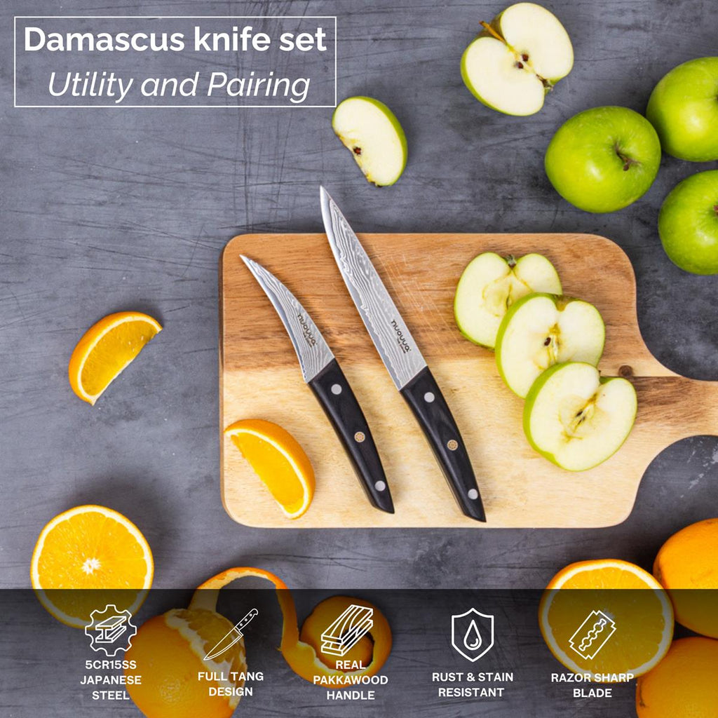 Japanese Steel Damascus Style Kitchen Knife Set, Paring & Utility Knives, by Nuovva