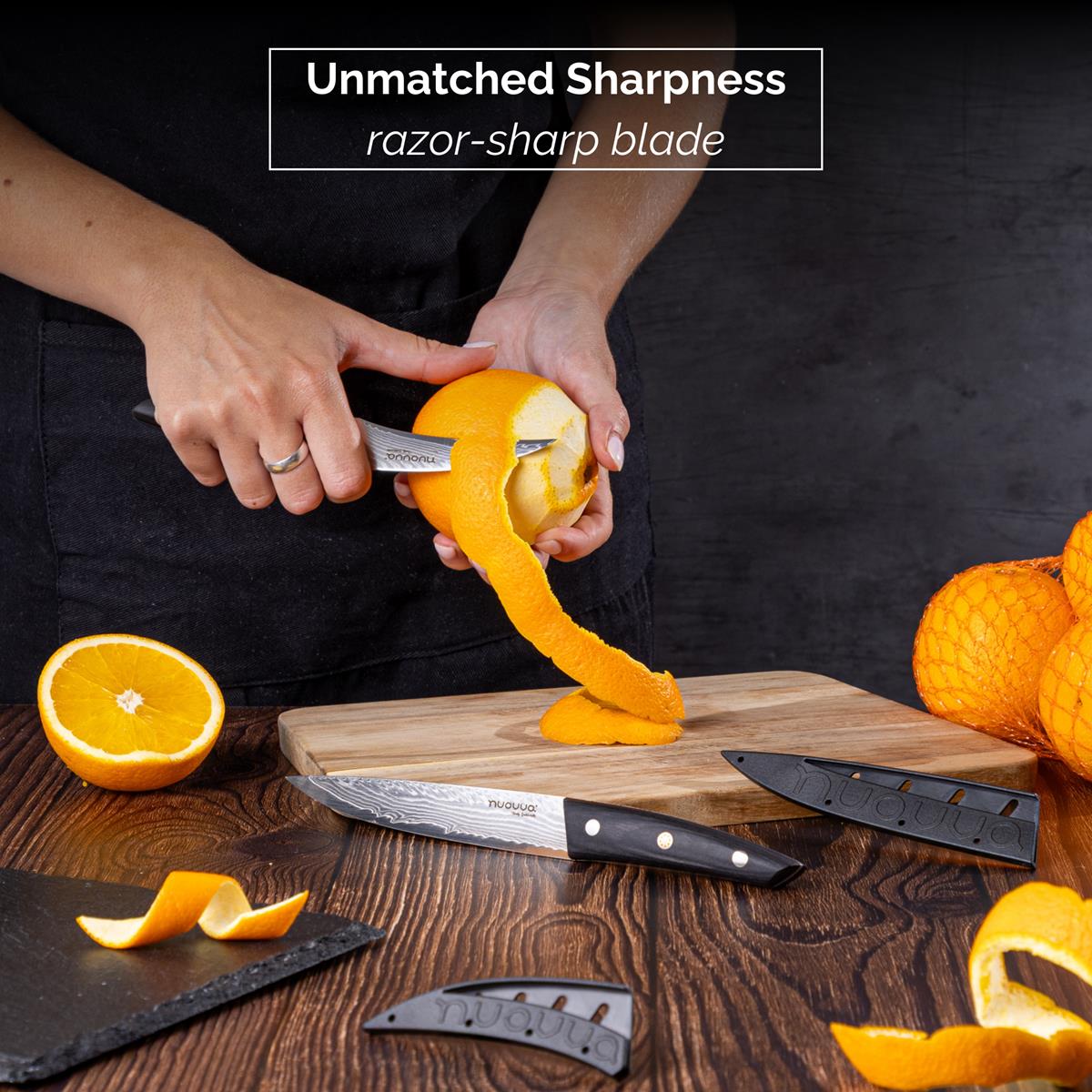 Japanese Steel Damascus Style Kitchen Knife Set, Paring & Utility Knives, by Nuovva