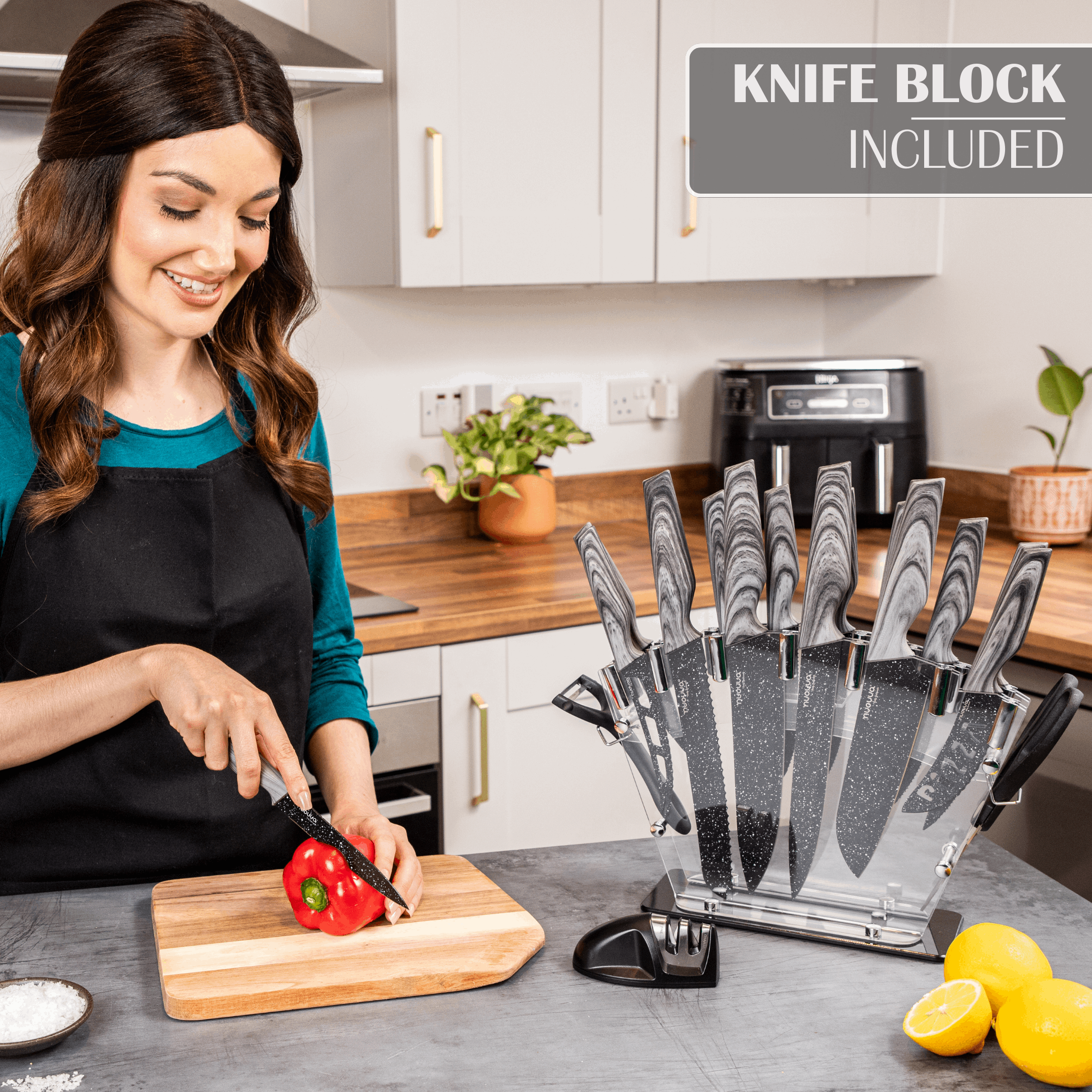 Professional Black Granite Kitchen Knife Set with Acrylic Block - 17 Pieces, by Nuovva