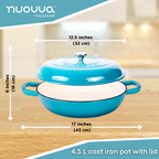 Light Blue Shallow Cast Iron Casserole Dish with Lid - 32cm - 3.5L, by Nuovva