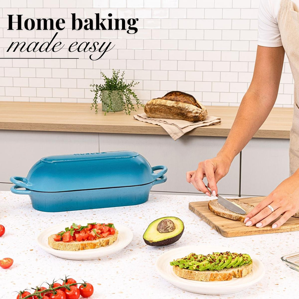 Light Blue Enamelled Cast Iron Bread Loaf Pot, Non-Stick Dutch Oven - 32x14cm, by Nuovva