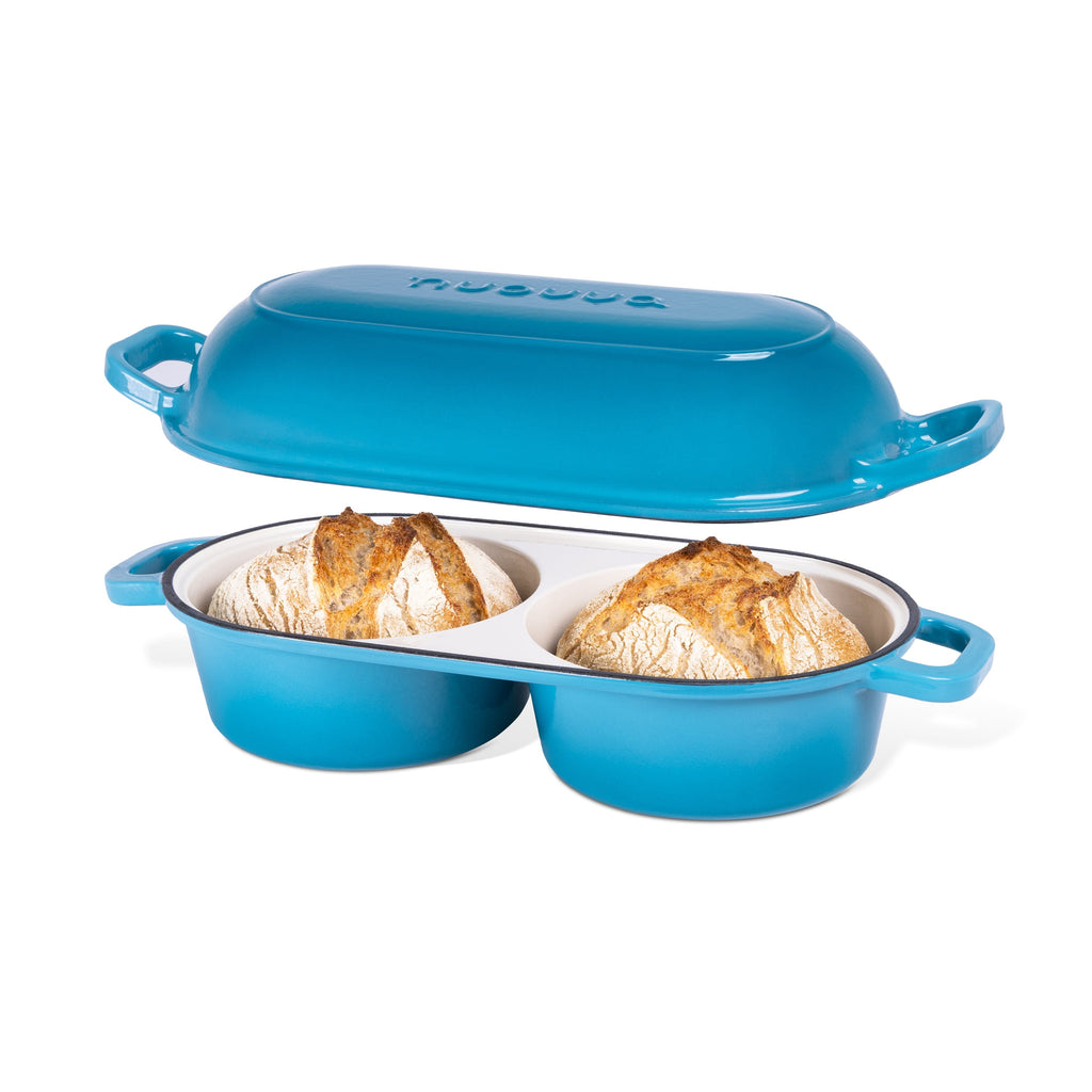 Light Blue Enamelled Cast Iron Dutch Oven, Double Loaf Bread Pan, 16cm, By Nuovva