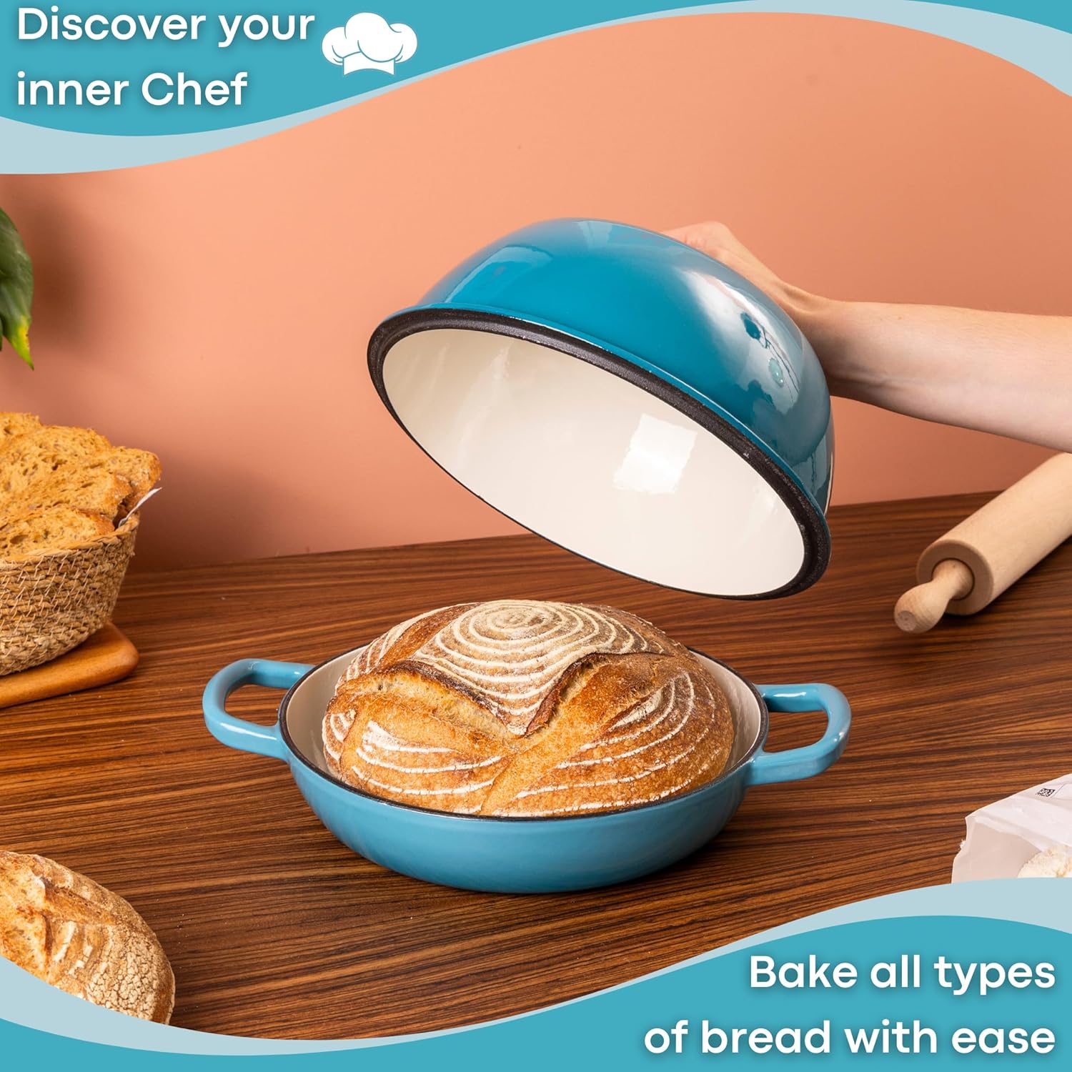 Light Blue Enamelled Cast Iron Dutch Oven Bread Pot - 5.6 Lite - 26cm, by Nuovva