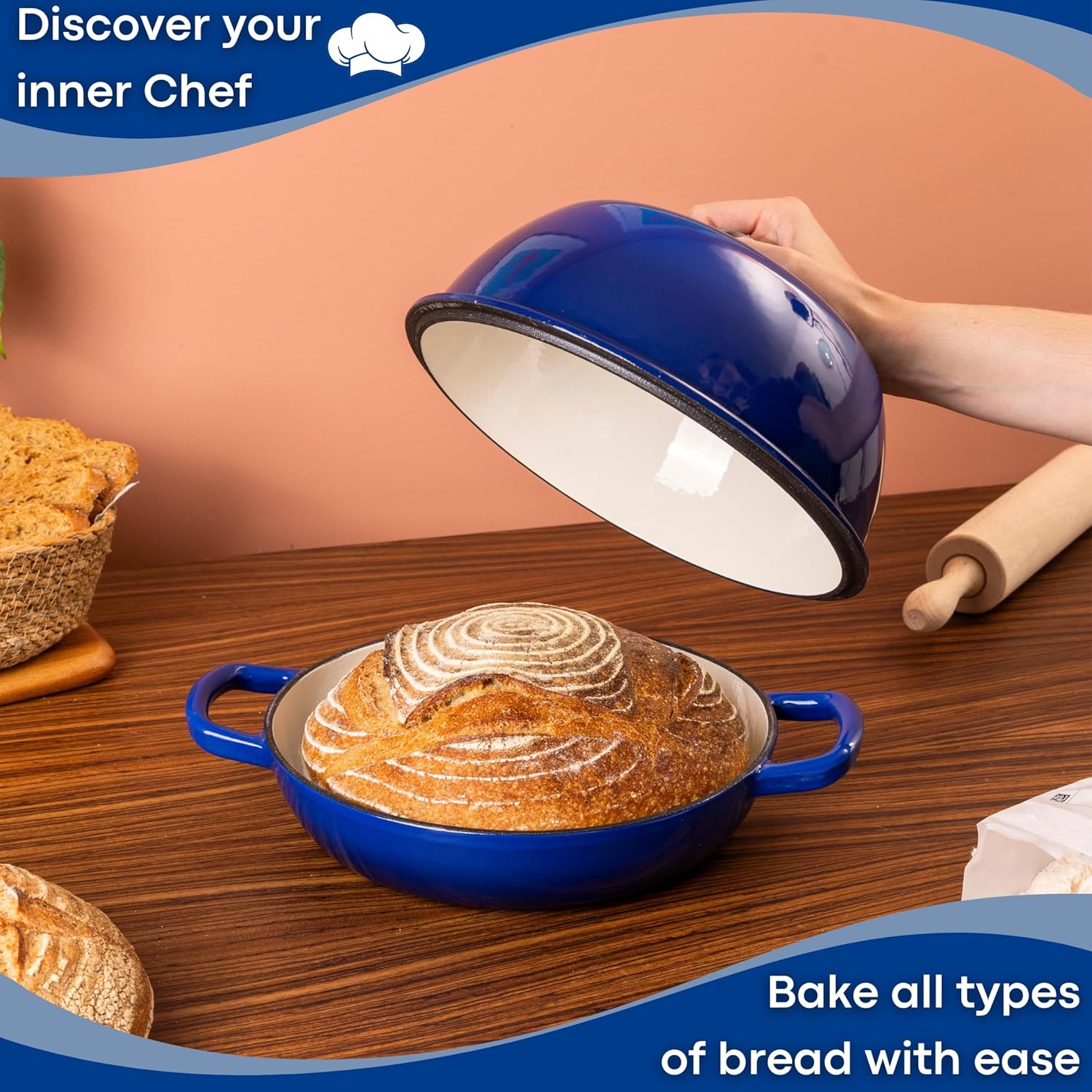 Dark Blue Enamelled Cast Iron Dutch Oven Bread Pot - 5.6 Lite - 26cm, by Nuovva