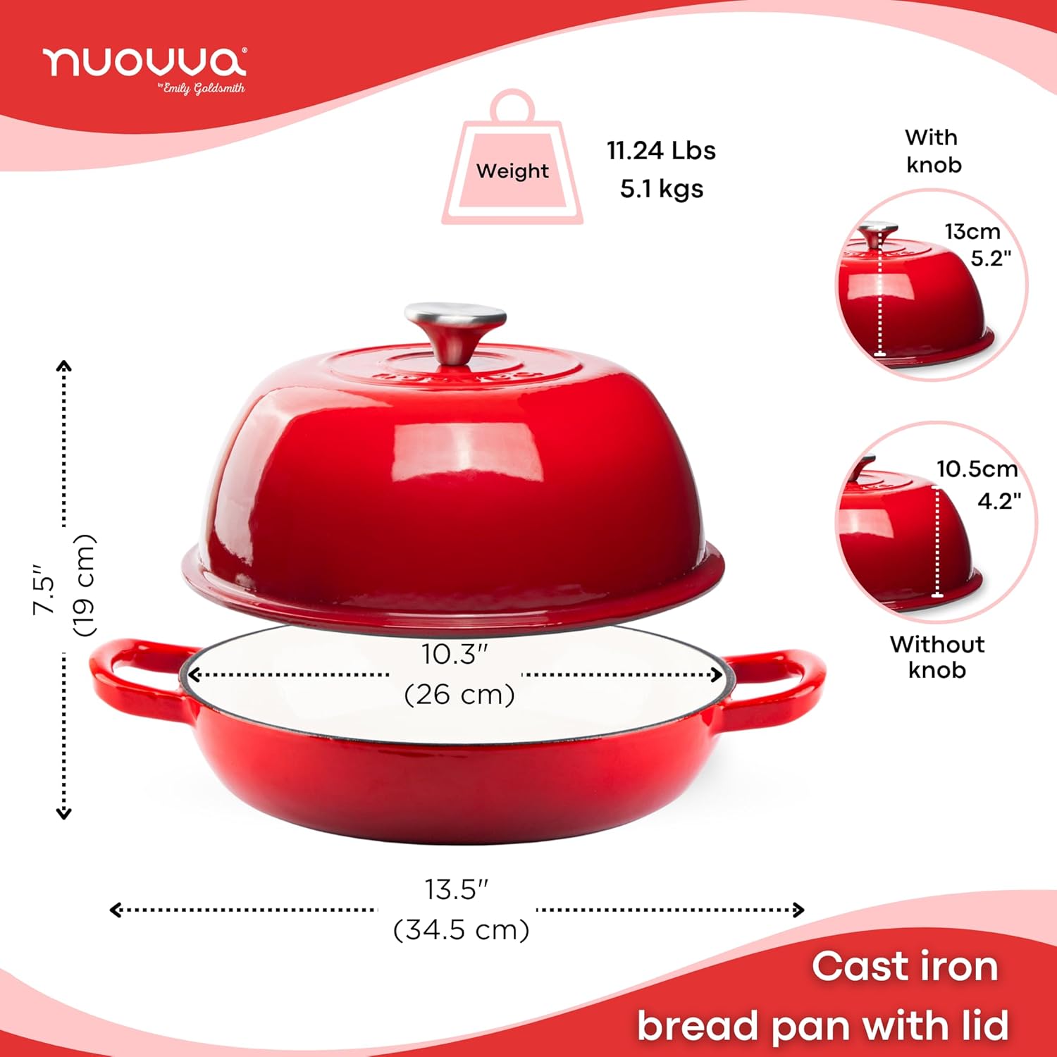 Enamelled Cast Iron Dutch Oven Bread Pot, 5.6 Lite - 26cm (Multiple Colours) by Nuovva