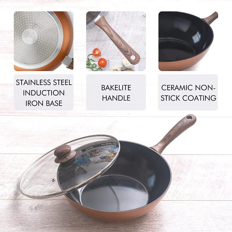 Induction Non-Stick Wok Pan – Deep Stir Fry Pan With Lid - 28cm (Multiple Colours), by Nuovva