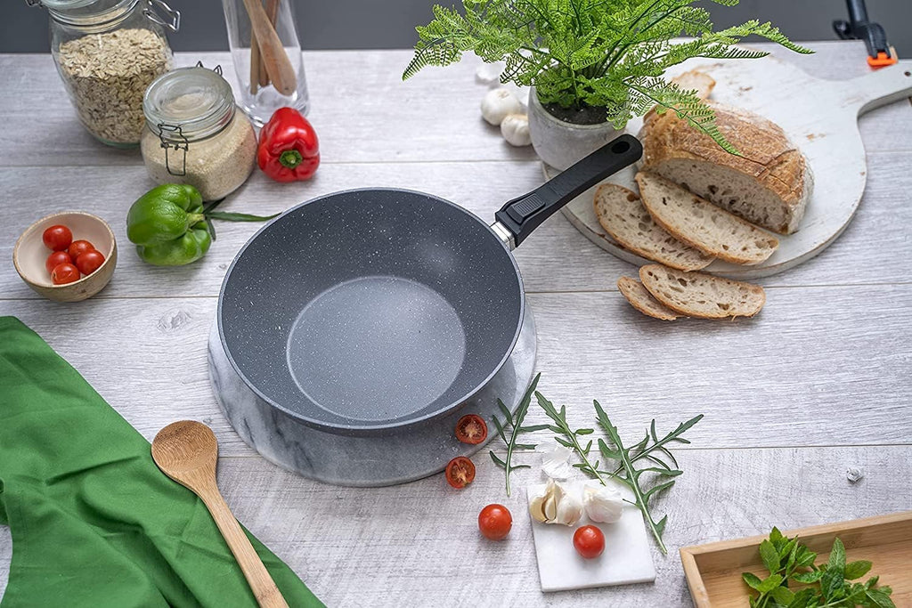 Induction Wok Pan with Glass Lid & Removable Handle (28cm), by Nuovva