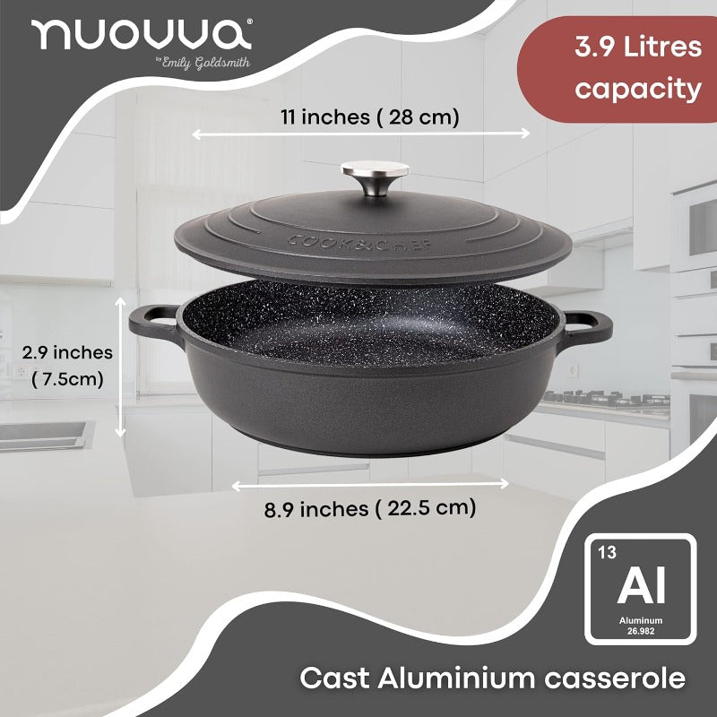 Black Aluminium Shallow Casserole Pan with Lid - 28cm - 3.9L, by Nuovva