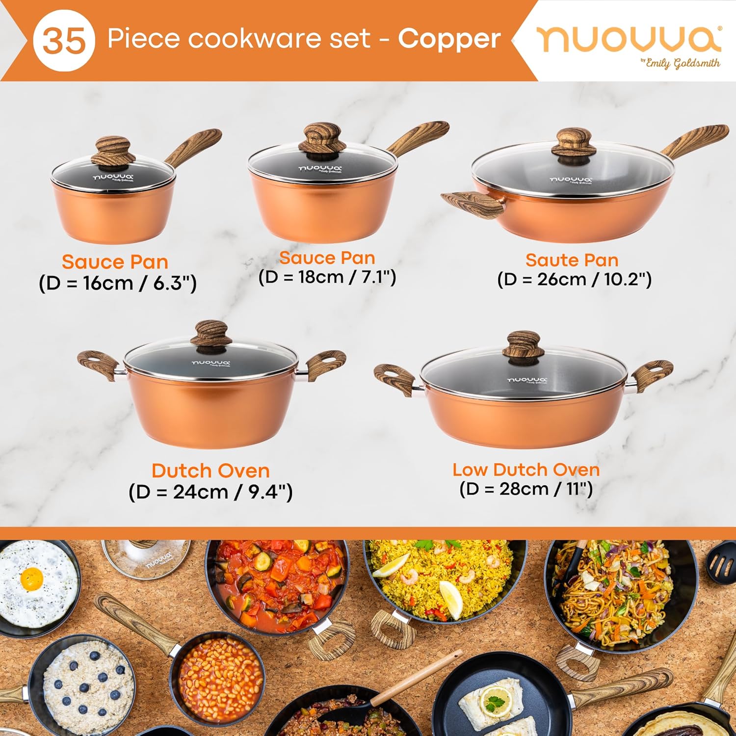 Kitchen Cookware Set of 5, 8, 15 & 35pcs with Lids - Multiple Colours