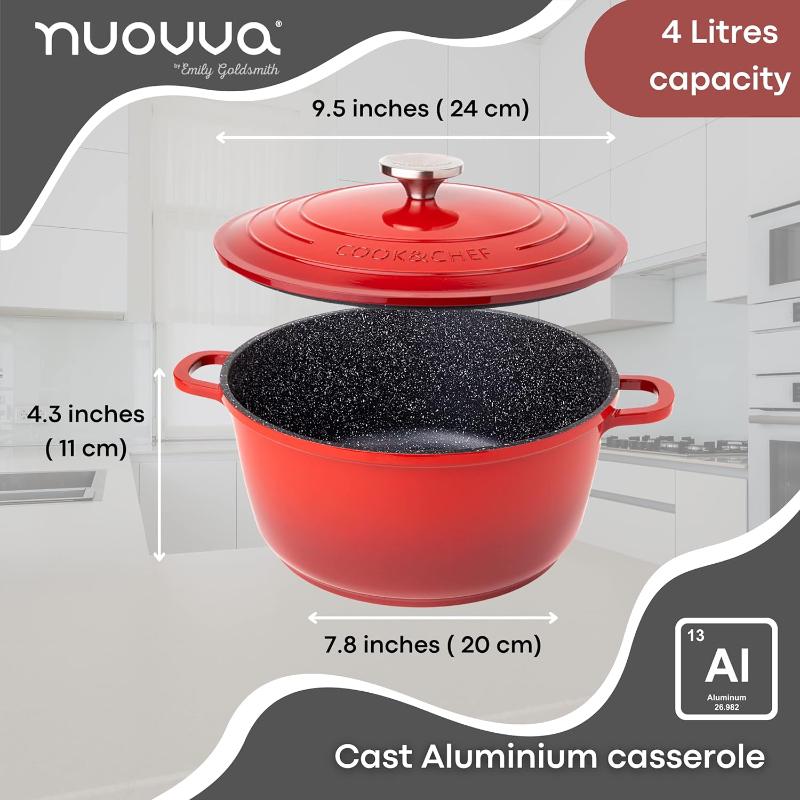 Red Aluminium Casserole Pot with Lid - 4L - 24cm, by Nuovva